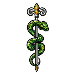 Fototapeta premium Rod of Asclepius icon featuring a green snake wrapped around a spear with a crown symbol in a simple flat design