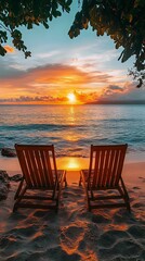 Fototapeta premium Two wooden beach chairs facing a stunning sunset over the ocean, casting a golden reflection on the water, surrounded by tranquil nature.