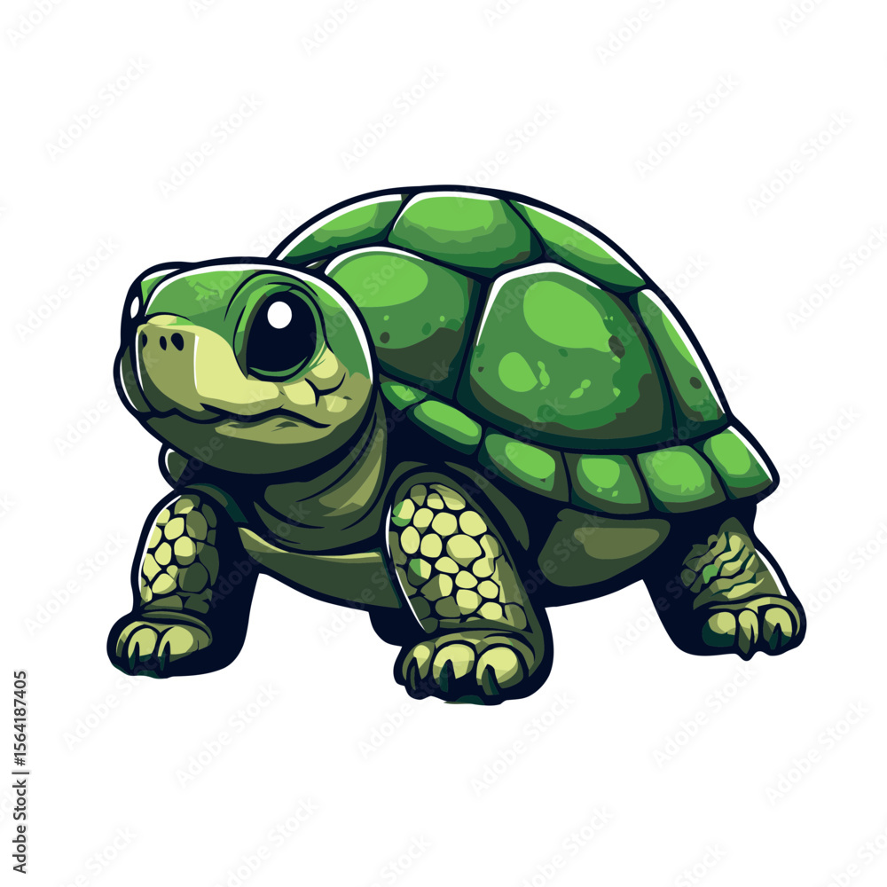 Poster simple flat cartoon tortoise icon design in bright green featuring smooth lines and a classic shell 