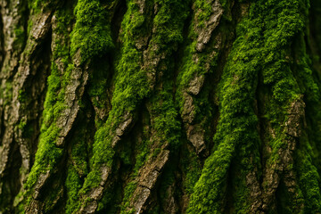 Close-up of a tree bark covered in vibrant green moss.
