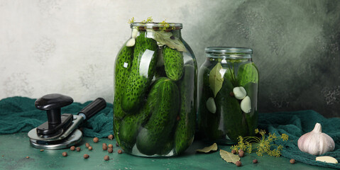 Jars with fresh cucumbers for preservation on table