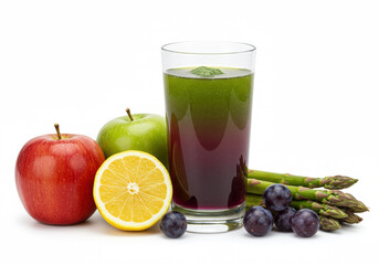 Fototapeta premium Composition of fruits, vegetables and glass of detox drink isolated on white