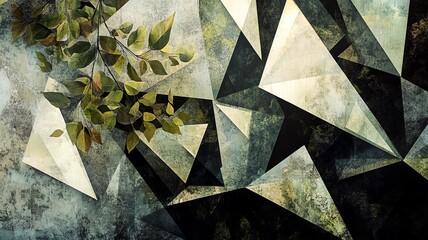 A colorful abstract geometric pattern merged and blended with elements of nature, symmetrical, kaleidoscope effect, background, screensaver, backdrop concept