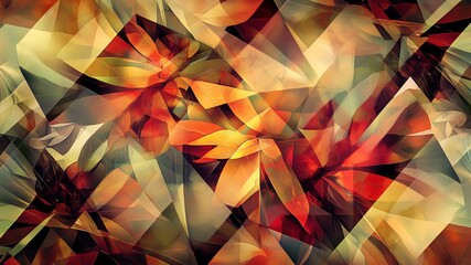 a colorful abstract geometric pattern merged and blended with elements of nature, symmetrical, kaleidoscope effect, background, screensaver, backdrop concept, autumnal colors