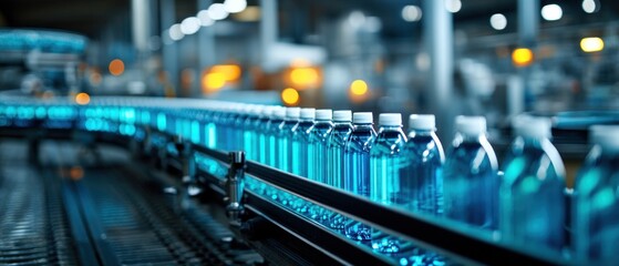 Plastic bottles on conveyor belt in factory setting modern industrial production line