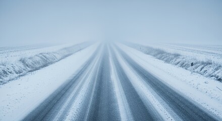 Driving on Snowy Road in Winter with Foggy Weather Conditions