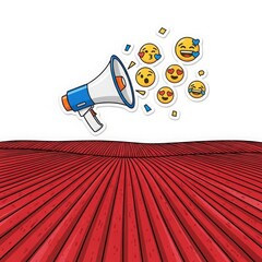Brightly colored megaphone broadcasting a stream of happy and loving emojis into a vibrant red abstract landscape