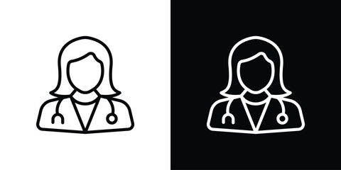 Woman Doctor icons in line style. Editable black and white strokes