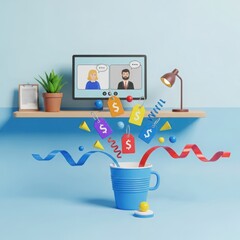 Creative 3d illustration of a virtual meeting with price tags raining down into a blue cup symbolizing successful online sales and business growth