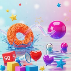 Vibrant 3d illustration of a sale announcement with a megaphone discount cube and colorful floating objects on a shimmering water surface