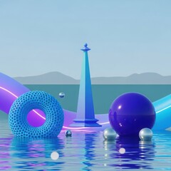 Abstract geometric shapes including a blue torus and a large purple sphere float on rippling water with mountains in the background