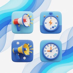 Four 3d icons featuring a red and white megaphone a blue stopwatch a blue and yellow megaphone with snowflakes and a blue clock against a soft blue wavy background