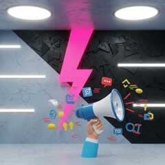 Hand holding a megaphone announcing digital marketing and social media icons with a bright pink lightning bolt striking the wall