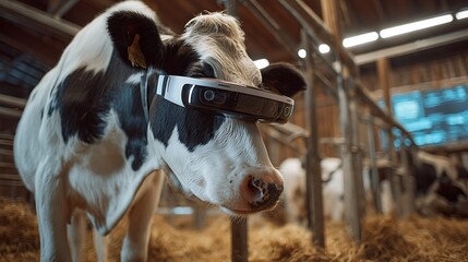 Futuristic Farm: Cow Wearing Augmented Reality Headset in a Rustic Barn