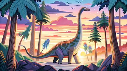 Brachiosaurus towers above ancient trees in a mistless rainforest, capturing the grandeur and scale of this gentle giant in a lush, prehistoric world