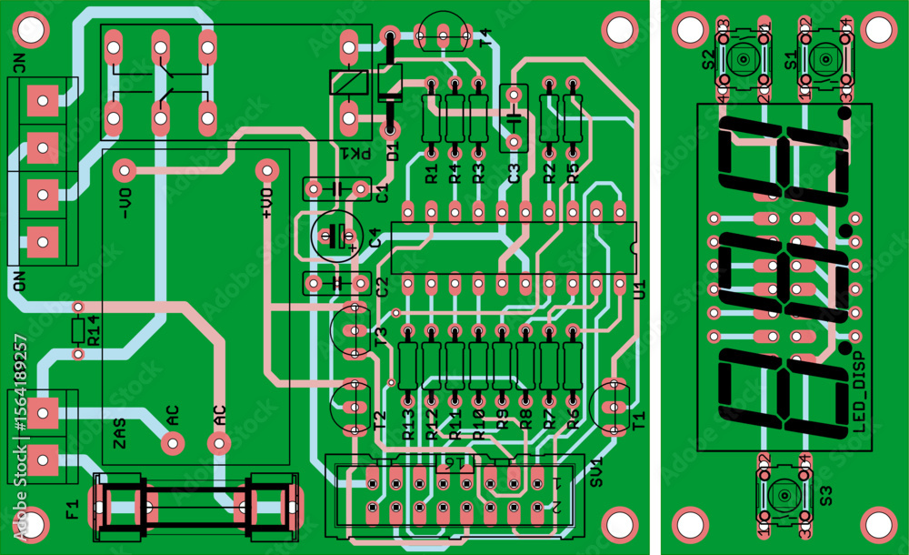 Poster vector printed circuit board of electronic device with components of radio elements, conductors and 