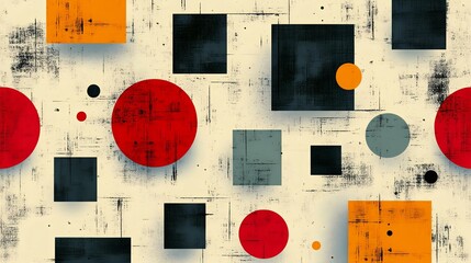 Abstract geometric composition featuring circles and squares in vibrant colors against a textured background, ideal for modern design.