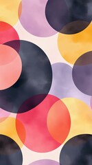Abstract watercolor pattern featuring vibrant and soft circles in shades of pink, purple, yellow, and black on a light background.