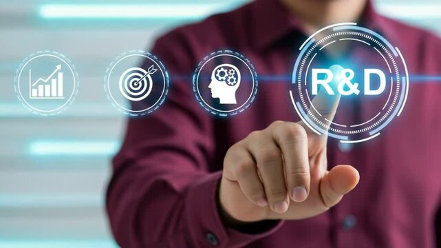 R and D, Research and Development concept. Person touching R and D icons on virtual screen for research and development of business science technology.