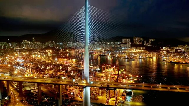 Aerial view of hong kong city skyline and stonecutters bridge