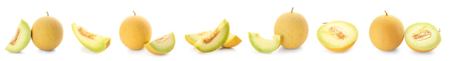Set of sweet ripe melons on white background