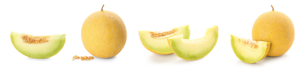 Set of sweet ripe melons on white background