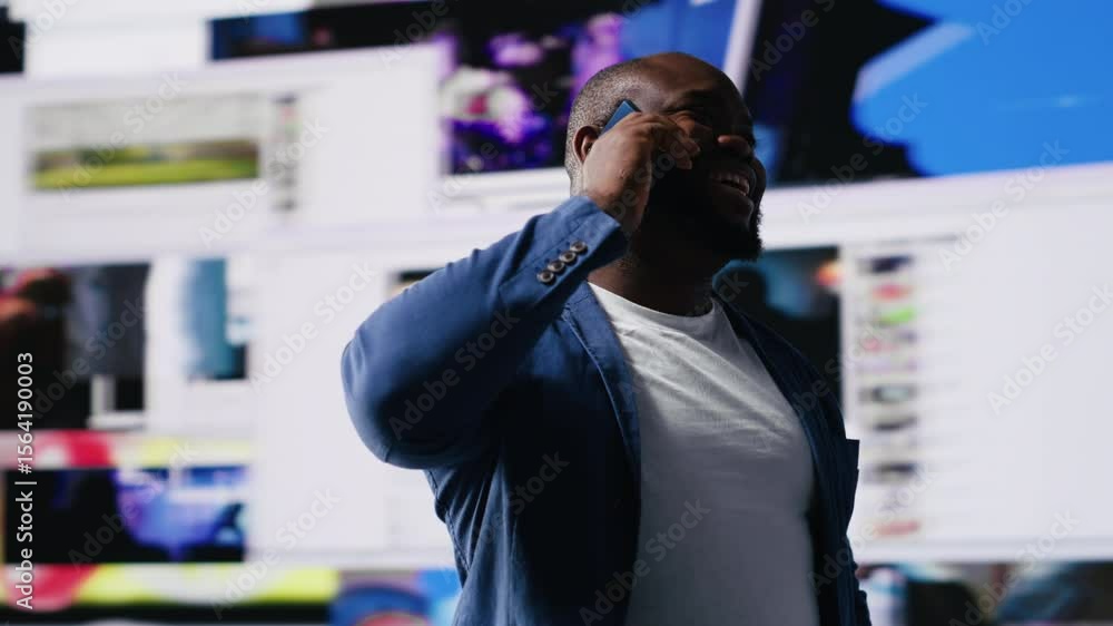 Poster african american guy uses phone call connection to showcase engagement and online communication thro