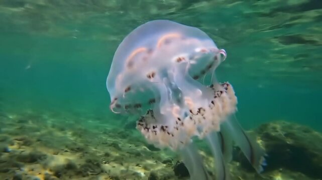 Jellyfish swims in the shallow, turquoise sea waters close to the shore
