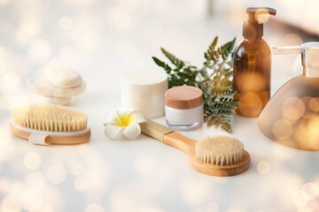 Massage body brushes and cosmetic products on table in bathroom