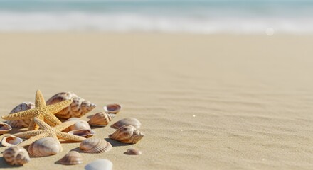 Seashells and Starfish on Sandy Beach near Ocean