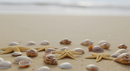 Seashells and Starfish on Sandy Beach
