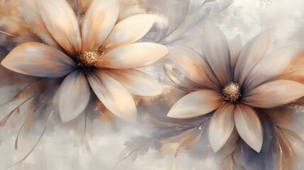 Elegant Beige and Gray Floral Painting Two Large Flowers