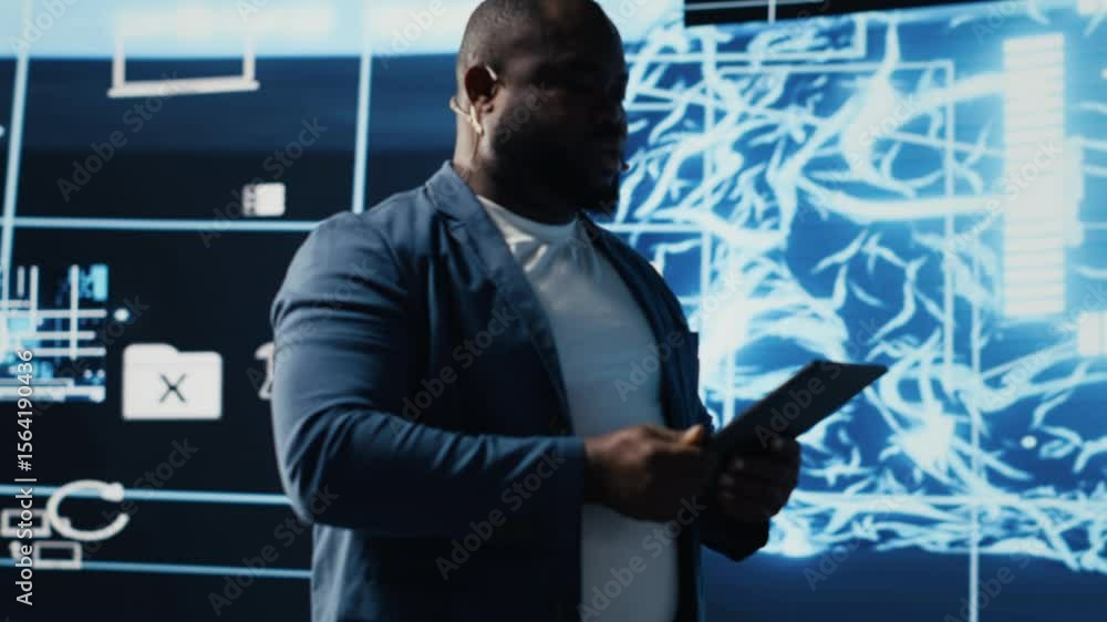Poster african american it expert hosting a presentation with ai systems for the audience, talking on micro