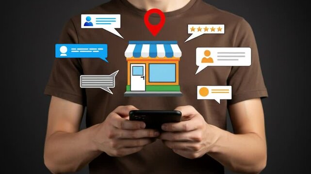 Local business reviews and customer feedback system on mobile device, showcasing star ratings for small businesses. Digital marketing, local SEO, Consumer experience in online business reviews