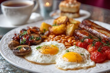 Delicious Full English Breakfast with Toast and Mushrooms on Plate  
