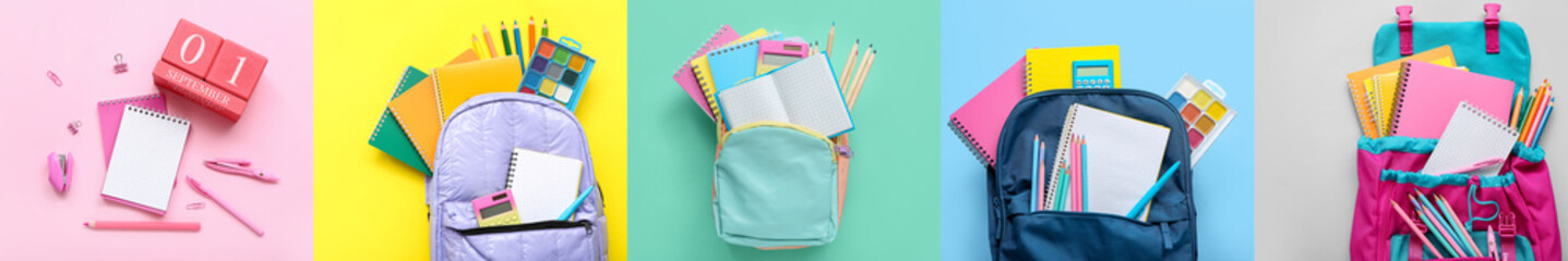 Collage with school backpacks and stationery on color background, top view