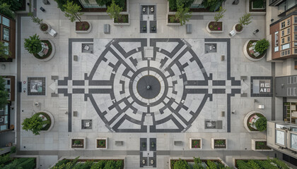 Urban plaza showcases a circular geometric design with plantings and benches, creating an inviting public space for community engagement.
