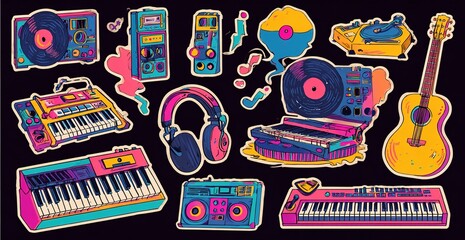 Retro 90s music stickers set. Musical instruments, vinyl records, headphones, synthesizer, piano, turntable, and rock ‘n’ roll elements. Cartoon vibrant nostalgic shapes for music. High quality
