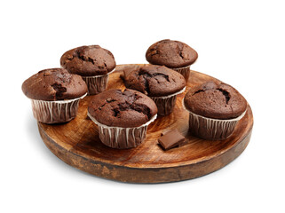 Plate with tasty chocolate cupcakes isolated on white background