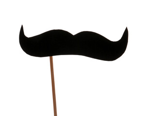 Fototapeta premium Wooden stick with paper mustache isolated on white background, closeup
