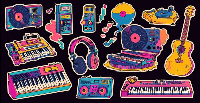 Retro 90s music stickers set. Musical instruments, vinyl records, headphones, synthesizer, piano, turntable, and rock ‘n’ roll elements. Cartoon vibrant nostalgic shapes for music. High quality