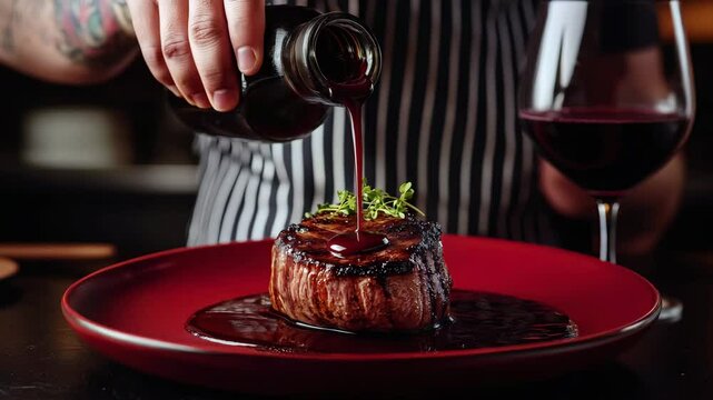 Close-up video of red wine sauce being poured over grilled filet mignon on red plate &ndash; cinematic gourmet footage in deep red and brown tones  for luxury dining promotions, restaurant branding