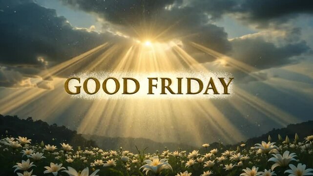 Good friday message with sun rays shining through clouds over a field of white flowers view