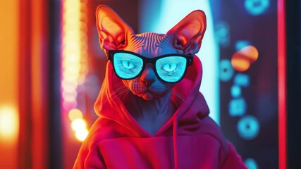 Stylized Sphynx cat wearing hoodie and glowing hacker glasses in neon city light – playful 3D animation video with bold red, blue, and orange tones – for digital art, NFT branding, and tech satire - Powered by Adobe