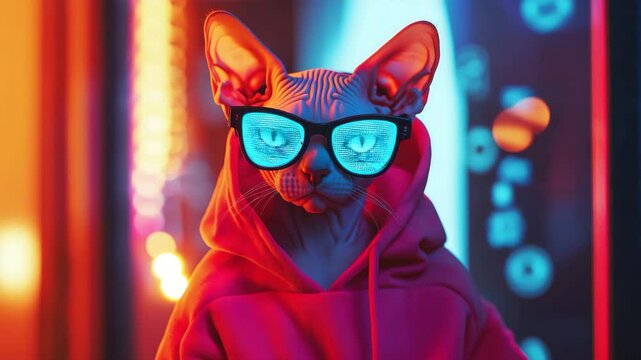 Stylized Sphynx cat wearing hoodie and glowing hacker glasses in neon city light – playful 3D animation video with bold red, blue, and orange tones – for digital art, NFT branding, and tech satire - Powered by Adobe