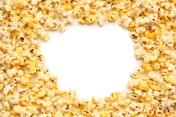 Frame made of crispy popcorn on white background