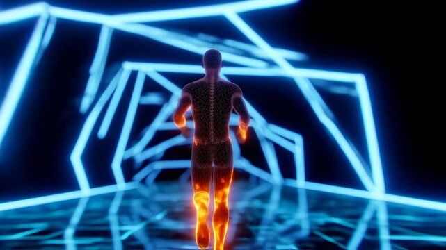 Futuristic Runner: Animated 3D Model in a Neon Tunnel for Metaverse and Technology