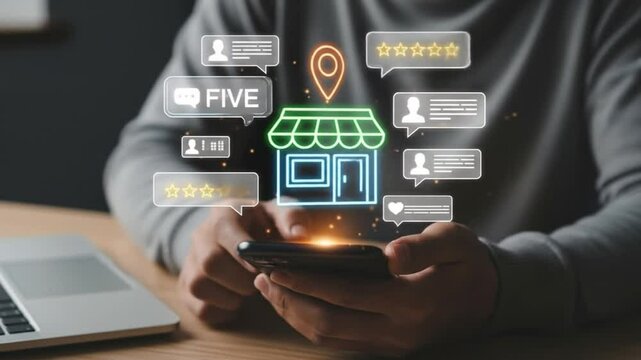 Local business reviews and customer feedback system on mobile device, showcasing star ratings for small businesses. Digital marketing, local SEO, Consumer experience in online business reviews
