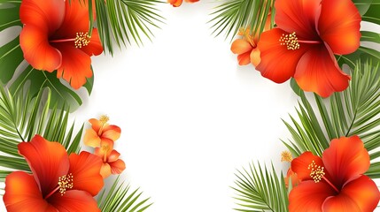 Obraz premium Vibrant Hibiscus Flowers Tropical Palm Leaves Frame Border