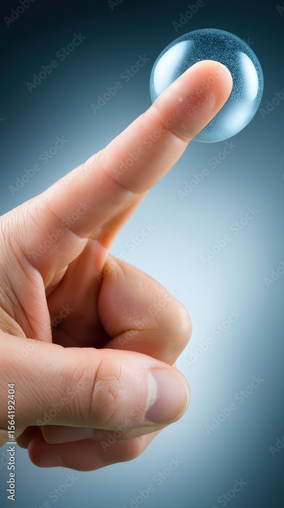 Poster finger balancing a small bubble against a soft background in a creative display